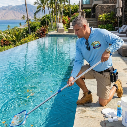 Family relaxing by a clean pool
